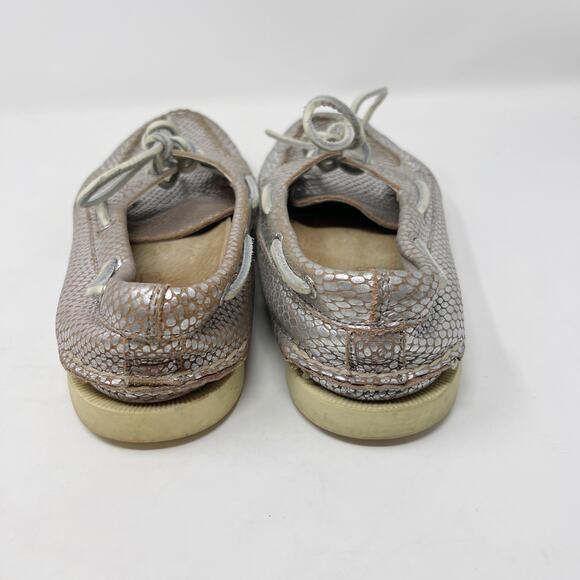 Sperry Top Sider Women 8.5 Silver Snakeprint Metallic Boat Shoe Sneakers Lace Up - Picture 5 of 11